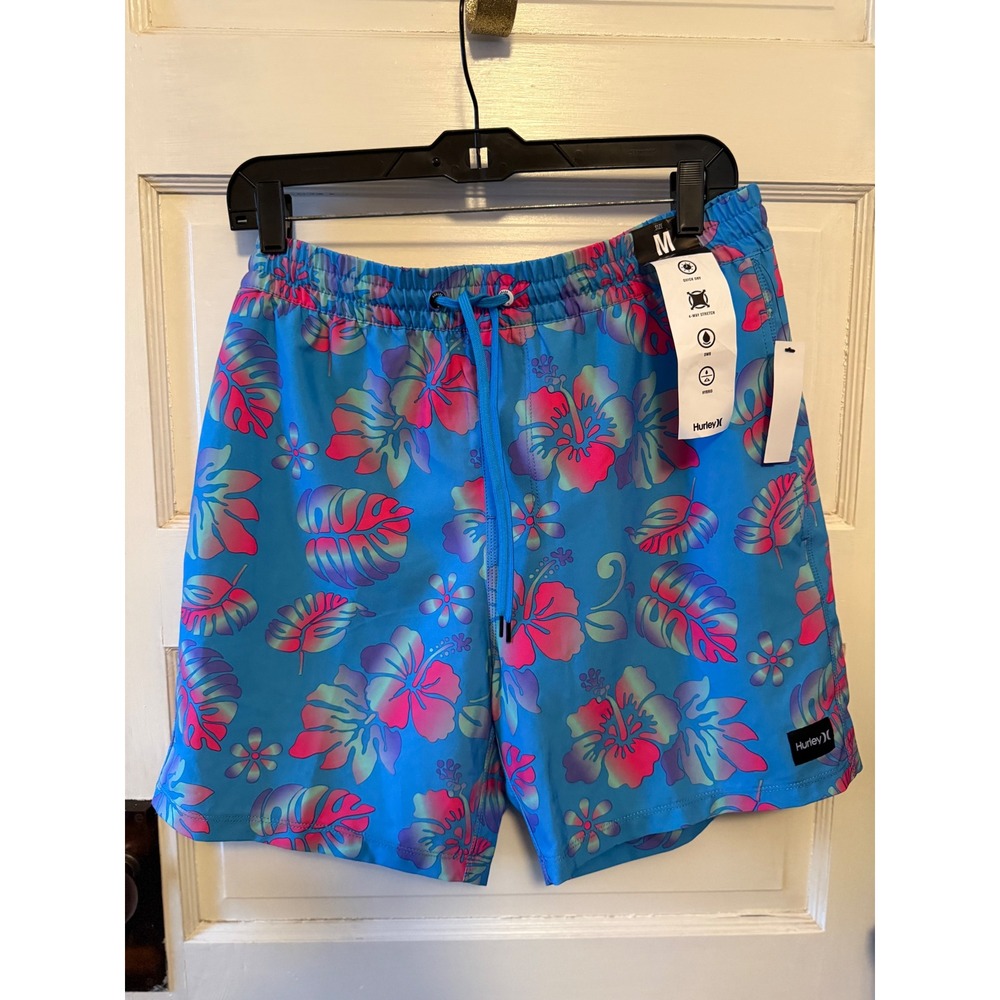 Hurley Men Hybrid Shorts Blue Neon‎ Hibiscus Floral boardshorts size Medium